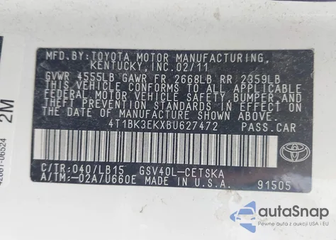2011 Toyota Camry Se V6 from USA, damaged, VIN 4T1BK3EKXBU627472